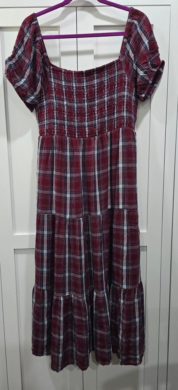 American Eagle Burgundy Plaid Smocked Tiered Midi Dress Women's Large